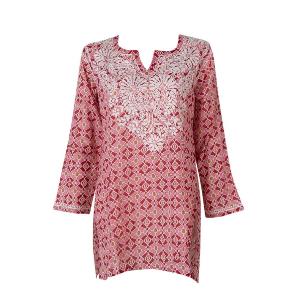 Embroidered Mini Cotton Coral Kaftan Dress