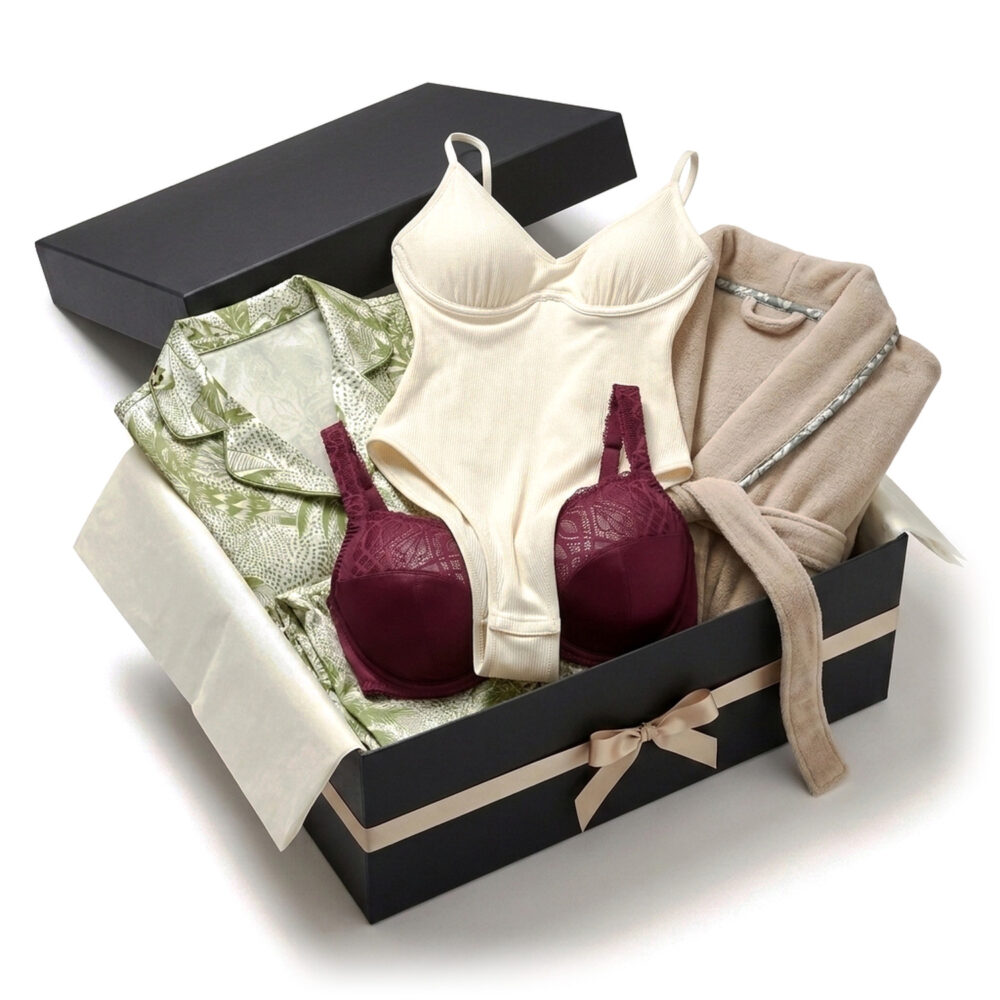 Δωροκάρτα Elegance — μαύρο κουτί δώρου με lingerie, πυτζάμα, ρόμπα και μαγιό